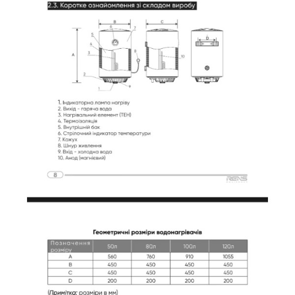 Бойлер RENS COMFORT RE100-15W 