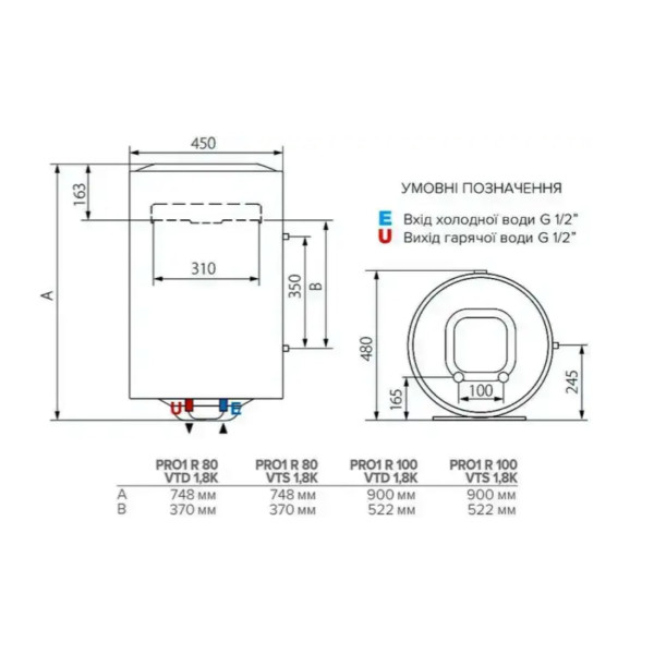 Бойлер комбінований ARISTON PRO1 R 100 VTS 1.8K 