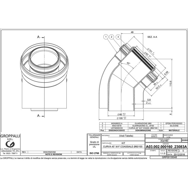 Колено 45° коаксиальное D=60/100 мм GROPPALLI (A32160) condens