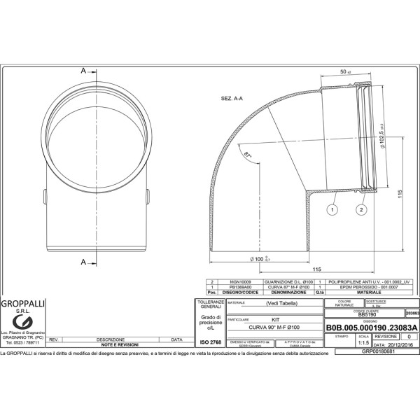 Колено дымохода 90° D=100 мм GROPPALLI (BB5190) condens