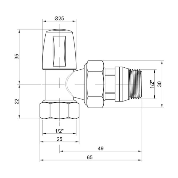  Кран радіаторний кутовий ICMA ½" на обратку з антипротечкою (№805+940)